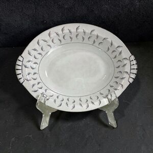 VTG Kent Japan Normandy Oval Vegetable Bowl 11” Blue Gray Leaves Platinum Trim